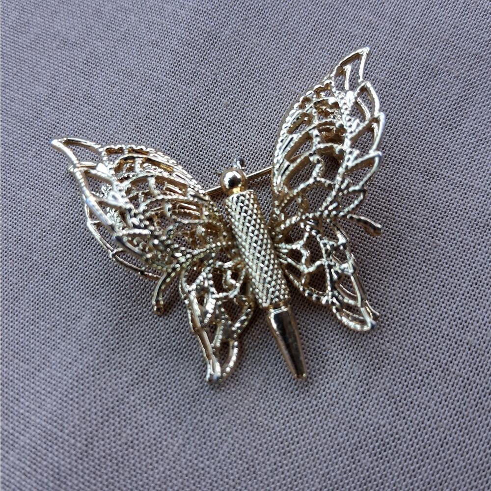 Vintage Monet Gold Tone Butterfly with Double Filigree Wings Pin Brooch